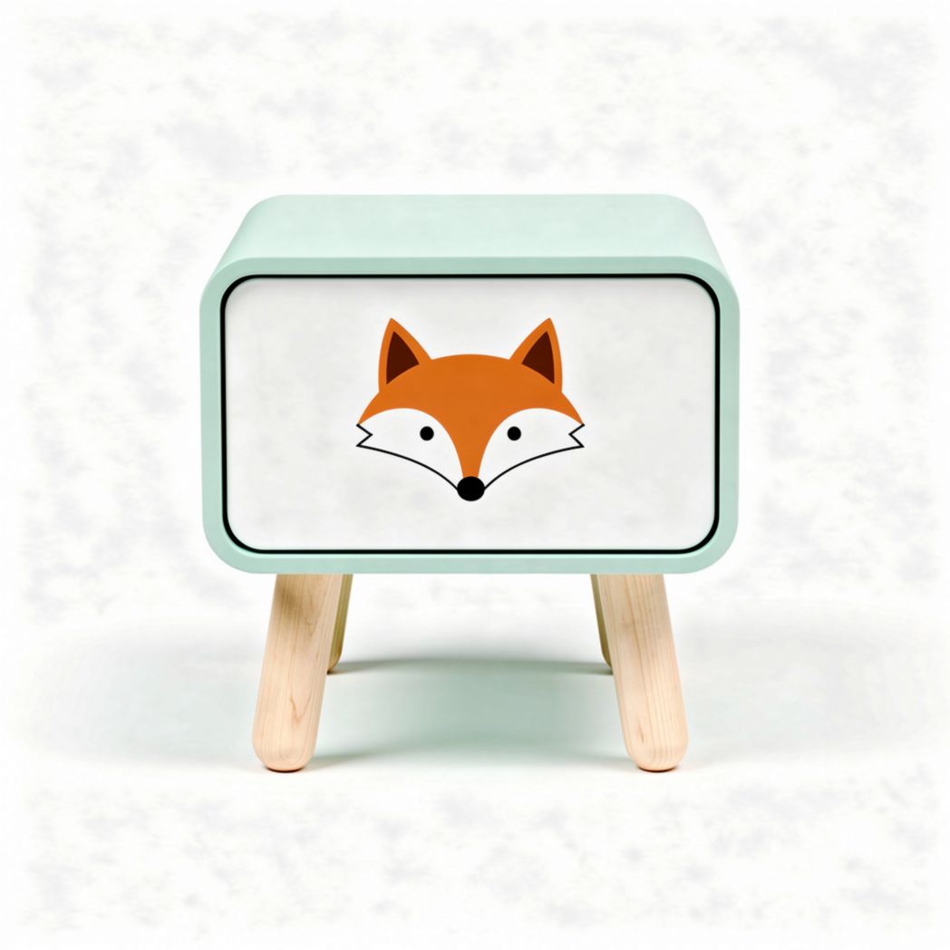 Fox face nightstand in mint green and white wood 50 x 30 x 35cm