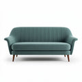 Two-seat upholstered sofa in teal fabric with mid-century wood legs 170 x 80 x 75cm