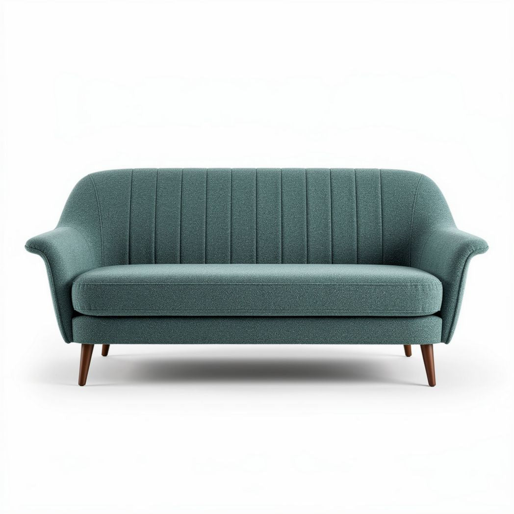 Two-seat upholstered sofa in teal fabric with mid-century wood legs 170 x 80 x 75cm