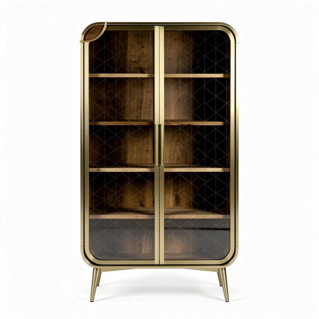 Glass door display cabinet with wooden shelves and gold frame 80 x 40 x 180cm