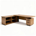 L-shaped office desk with storage unit in rustic oak finish 160 x 120 x 75cm
