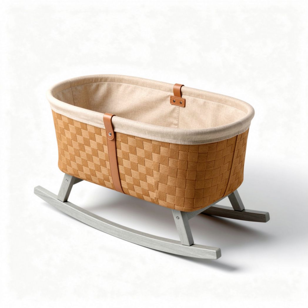 Woven rattan rocking bassinet with cotton lining and leather straps 70 x 40 x 30cm