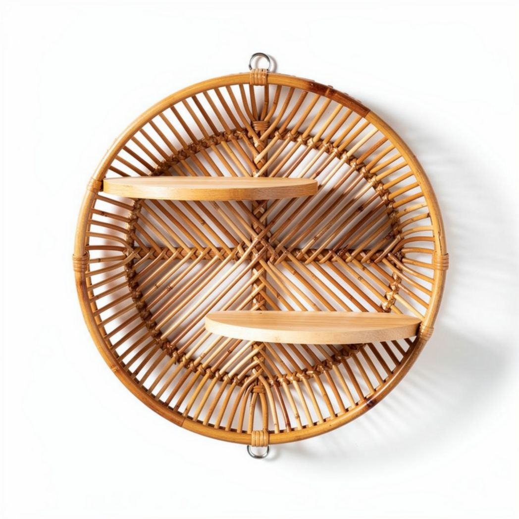 Round bamboo wall shelf with two wooden ledges for home organization 40 x 40 x 10cm