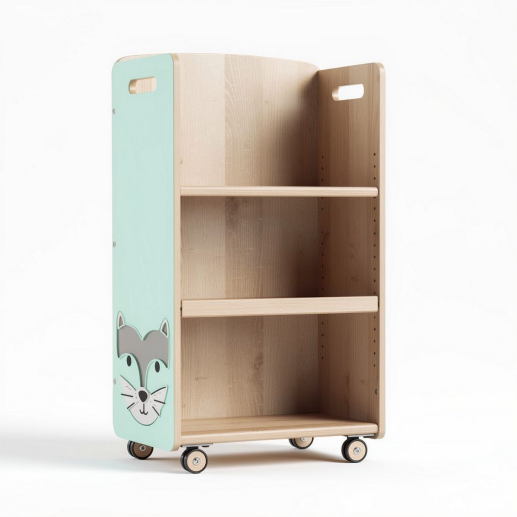 Wooden storage cart with three shelves and fox design in mint green 80 x 40 x 100cm